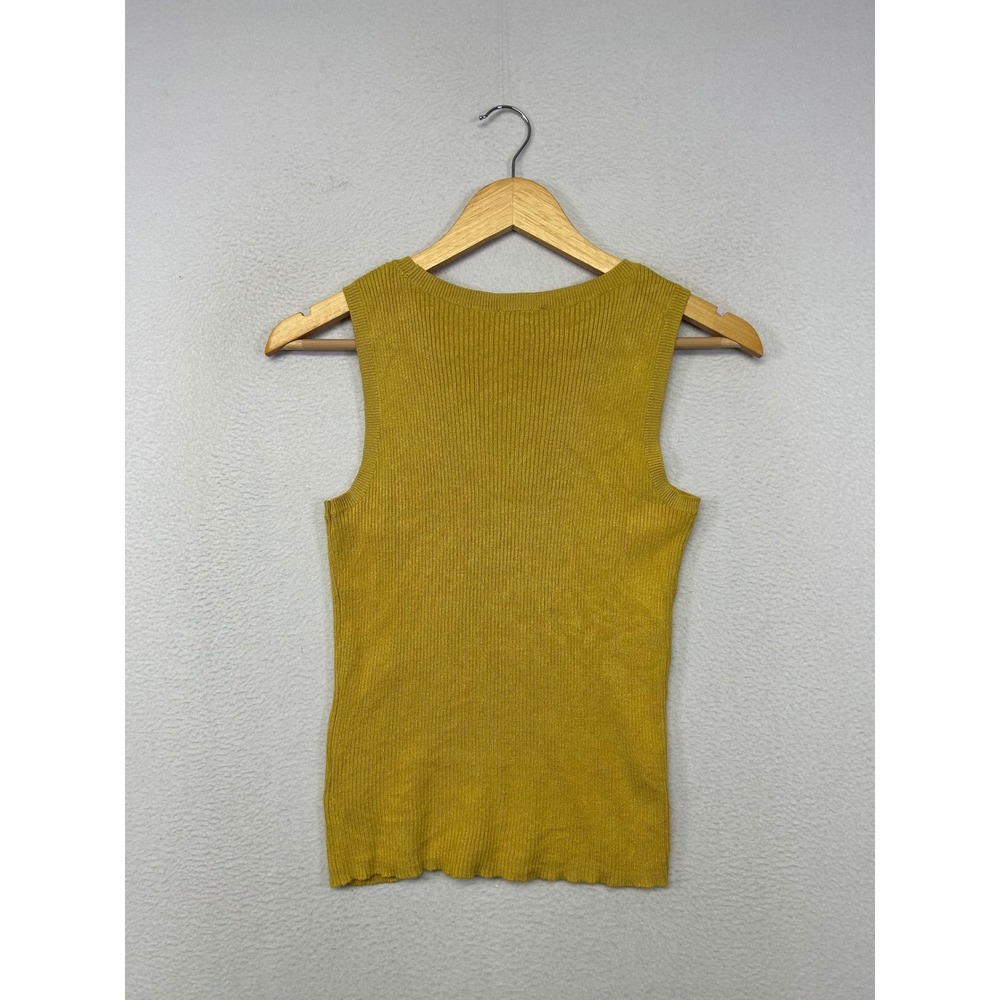 Express Ribbed Knit Tank Top Womens Small Mustard Yellow Pointelle Mesh Top - Picture 2 of 9